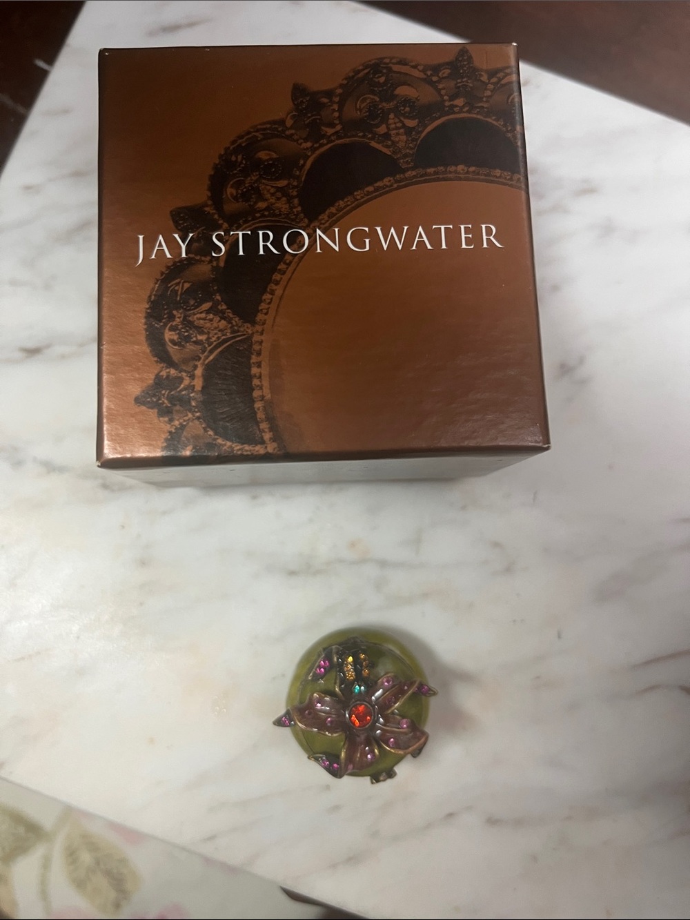 Jay Strongwater Olive Green Jeweled Floral Trinket Box with Pink Accents